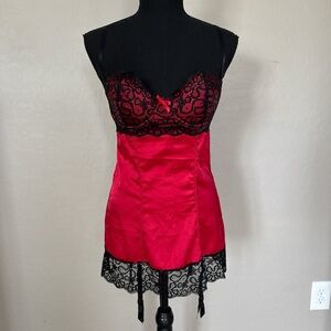 black and red satin lace lingerie babydoll dress